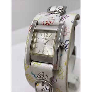 Vintage Guess Womens White Leagher Colorful Cuff Watch New Battery